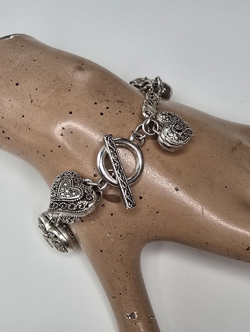 Silver Tone Marcasite Antique Style Charm Bracelet Filigree Heart Detail Charms